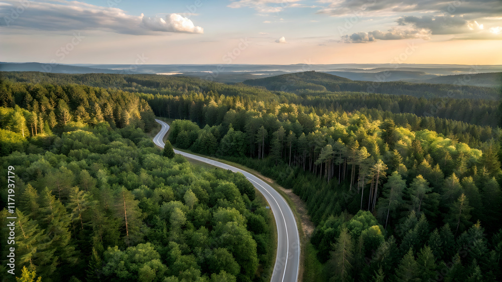 Naklejka premium Scenic Aerial View of Winding Road Through Lush Green Forest Landscape