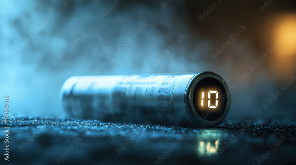 digital clock displaying time on cylindrical battery, surrounded by mist. glowing numbers create futuristic atmosphere, emphasizing technology and time digital clock displaying time on cylindrical battery, surrounded by mist. glowing numbers create futuristic atmosphere, emphasizing technology and time