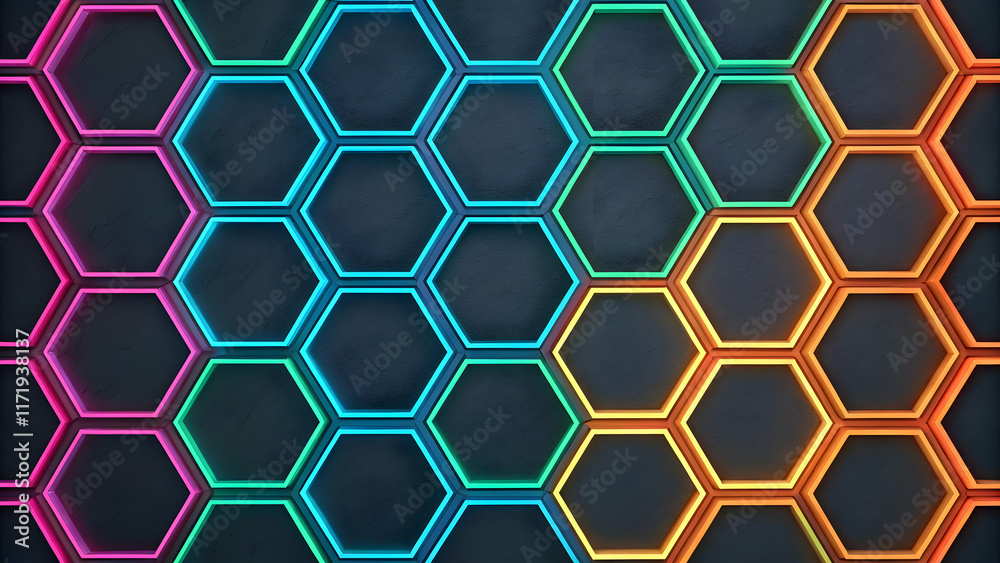 Colorful Hexagonal Pattern on Dark Background with Light Effects