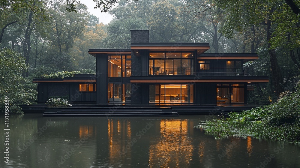 Modern black house on lake at dusk. Modern black house on lake at dusk.