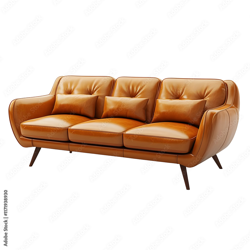 Brown leather sofa with three cushions isolated on a white background. Brown leather sofa with three cushions isolated on a white background.