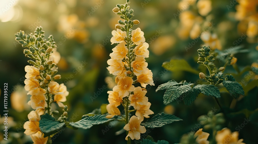 Obraz premium A close-up of vibrant Thai yellow flowers with fresh green leaves, captured in natural sunlight, creating a tropical and refreshing vibe