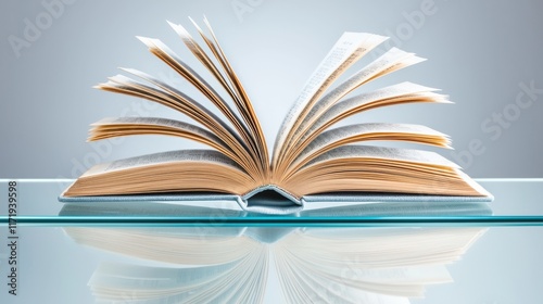 The image shows an open book, with its pages slightly curled, sitting on a sleek, modern table made of glass and metal