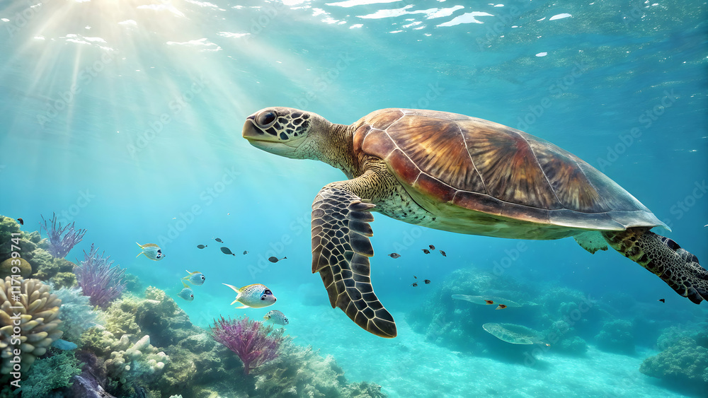 Fototapeta premium Graceful Sea Turtle Swimming Among Colorful Coral Reef Life