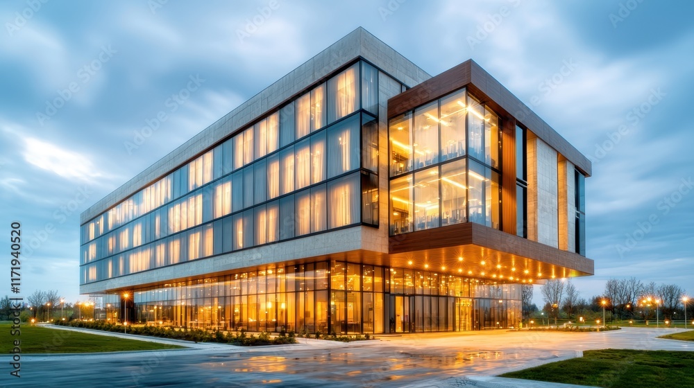 Obraz premium The modern hotel building stands tall against the dark night sky, its sleek glass facade reflecting the twinkling city lights