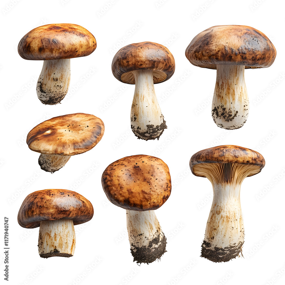 Brown mushrooms isolated on a transparent background, mushroom collection with various angles for your design. Brown mushrooms isolated on a transparent background, mushroom collection with various angles for your design.