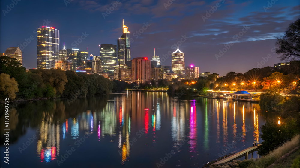 Fototapeta premium Vibrant Cityscape Reflection at Night Over Calm River Waters