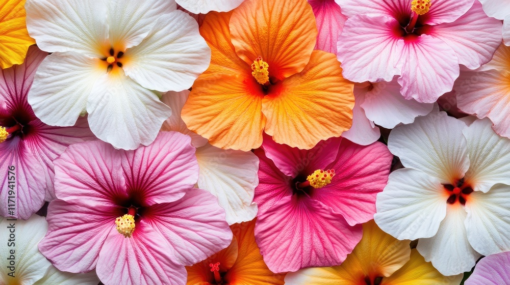 Fototapeta premium A densely layered background of hibiscus flowers in orange, pink, and white, forming a striking floral texture in a garden park