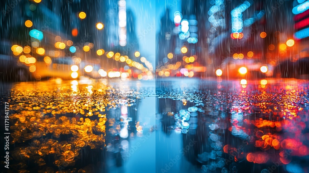 Fototapeta premium Rainy night city street reflections.