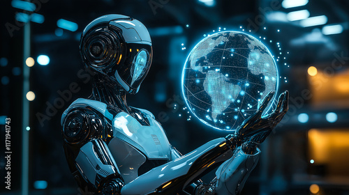 An advanced A.I. robot holds a glowing digital globe. The concept of technology, global connectivity, global interconnectedness, and artificial intelligence shaping the future. Generative Ai.