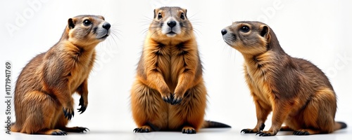 Three marmots set against transparent background. In profile view, one in front. Animals upright. Natural light highlights animals fur. Photo suitable for animal lovers, zoology, nature lovers, photo