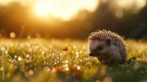 A European hedgehog walking on a dewy meadow in Stromovka Park, Prague, with tiny droplets sparkling under the golden sunrise. photo