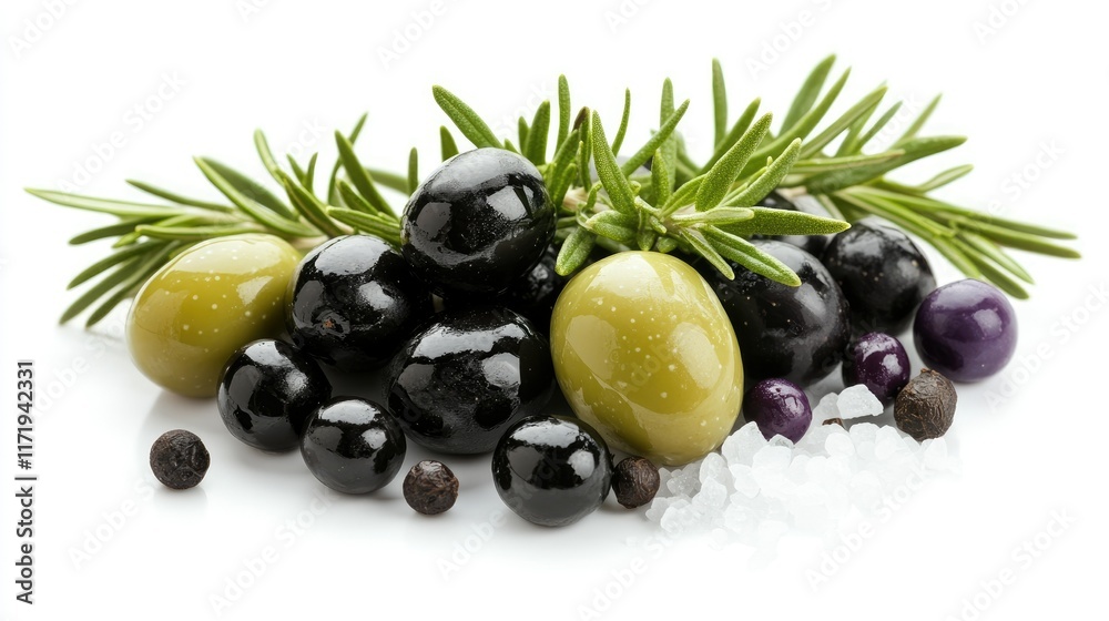 A flat lay of boneless olives in shades of green and black, scattered alongside fresh rosemary and sea salt on a white background. A flat lay of boneless olives in shades of green and black, scattered alongside fresh rosemary and sea salt on a white background.