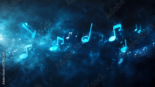 Musical notes seemingly float into oblivion on a mysterious dark background. Oblivian. Illustration