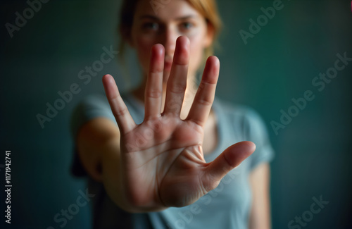 Woman shows stop gesture. Photo expresses opposition to violence, harassment, abuse against women. Image highlights social issues like human trafficking, drug abuse. Powerful visual statement about photo