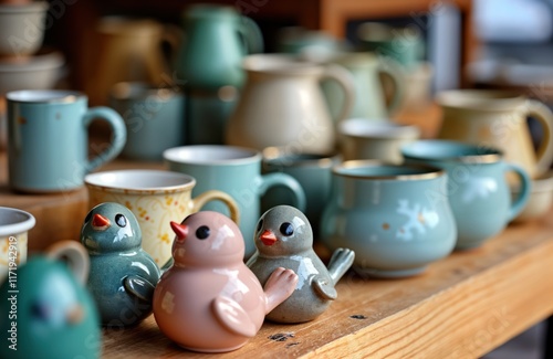 Colorful ceramic dishes, jugs for sale at Easter market in Vilnius. Handmade ceramic tableware with decorative birds. Springtime event displays traditional Lithuanian crafts. Handcrafted ceramic
