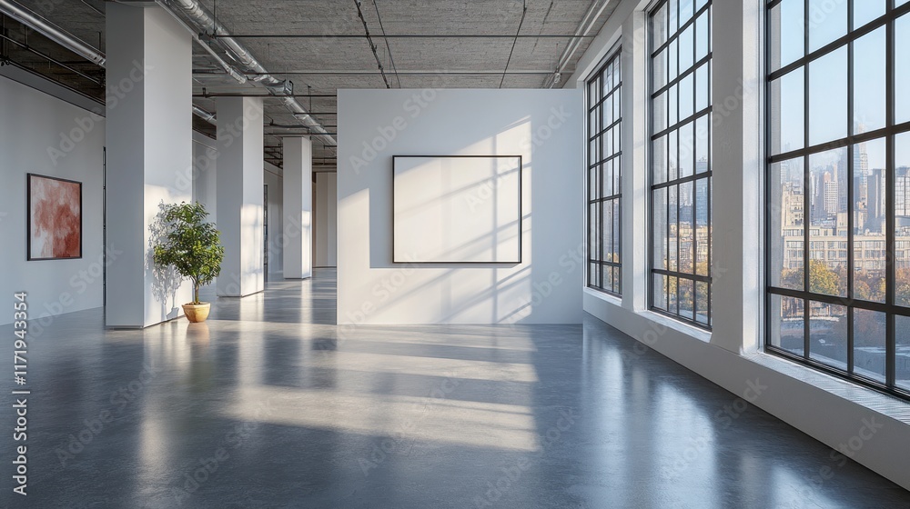 Minimalist Office Interior with Large Windows and Blank Canvas for Advertising Space Minimalist Office Interior with Large Windows and Blank Canvas for Advertising Space