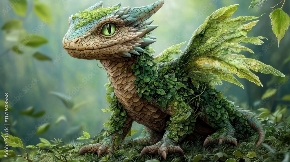 The ancient forest dragon is a majestic creature, its scales covered with lush green plants that blend seamlessly with the surrounding foliage The ancient forest dragon is a majestic creature, its scales covered with lush green plants that blend seamlessly with the surrounding foliage
