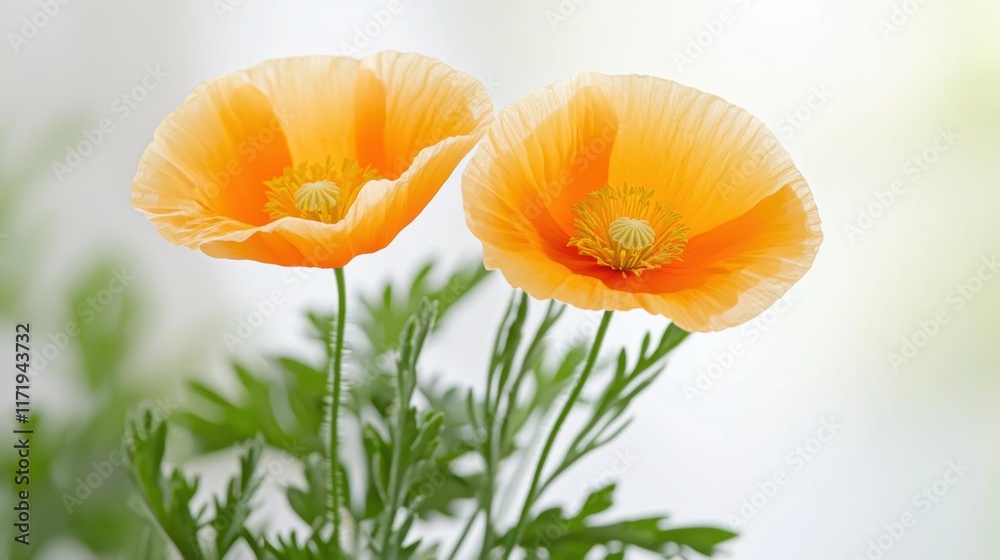 The California Poppy flower is a vibrant orange color with delicate petals that radiate outwards from a central yellow center, providing a striking contrast against the crisp white background. The California Poppy flower is a vibrant orange color with delicate petals that radiate outwards from a central yellow center, providing a striking contrast against the crisp white background.