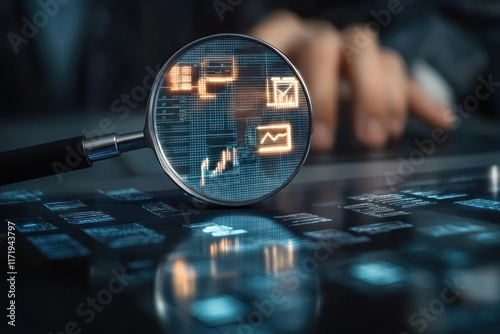 Digital Audit Scene with Magnifying Glass Over Laptop Evaluating Corporate Financial Statements