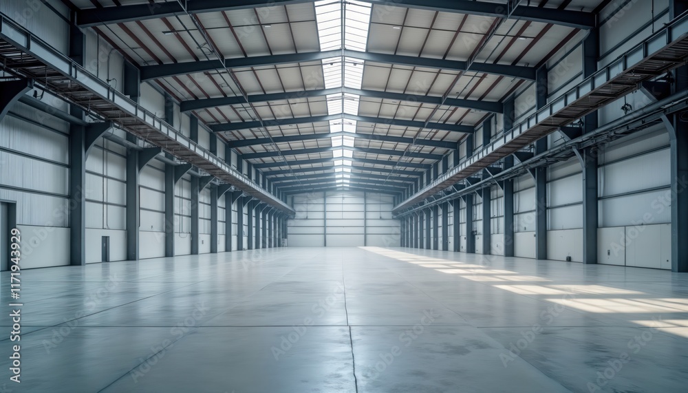 Empty modern industrial building interior. Large warehouse factory space. Concrete floor, metal walls. Steel structure. Bright, clean. Commercial, industrial. Empty space for logistic business. Empty modern industrial building interior. Large warehouse factory space. Concrete floor, metal walls. Steel structure. Bright, clean. Commercial, industrial. Empty space for logistic business.