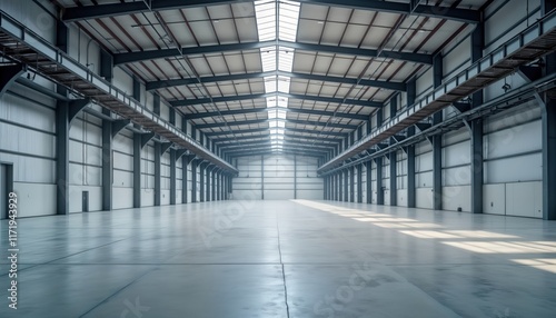 Empty modern industrial building interior. Large warehouse factory space. Concrete floor, metal walls. Steel structure. Bright, clean. Commercial, industrial. Empty space for logistic business.
