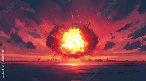Powerful nuclear explosion rips through the atmosphere, unleashing intense heat, light, and destructive force. oblivion. illustration. Oblivian. Illustration