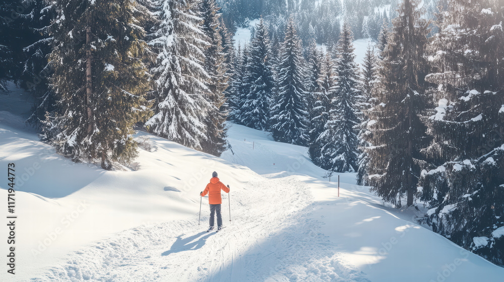 person skiing on snowy trail surrounded by tall evergreen trees, enjoying serene winter landscape. bright orange jacket contrasts beautifully with white snow person skiing on snowy trail surrounded by tall evergreen trees, enjoying serene winter landscape. bright orange jacket contrasts beautifully with white snow