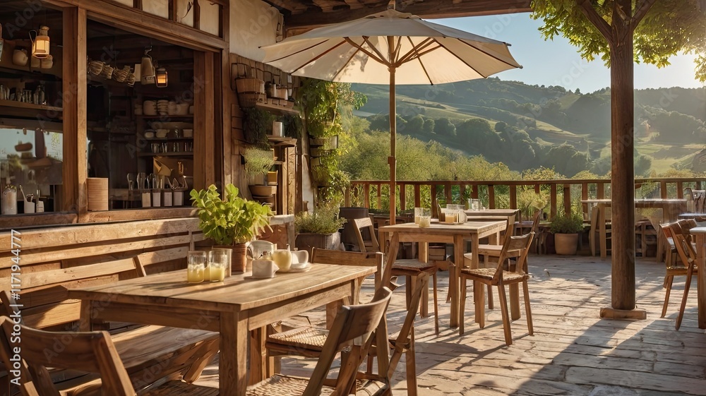 Fototapeta premium A restaurant patio with tables and chairs, and an umbrella