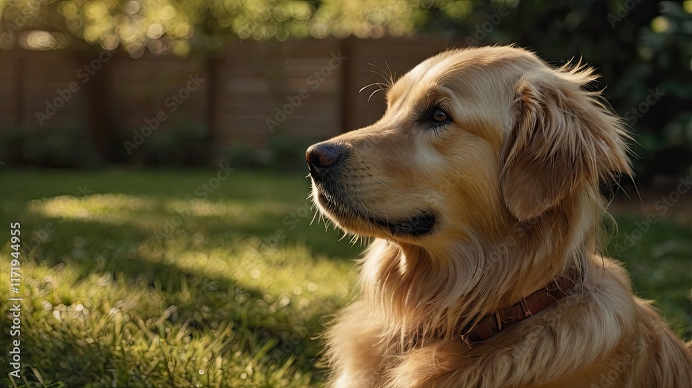 A golden retriever is sitting in the grass, looking at the camera A golden retriever is sitting in the grass, looking at the camera