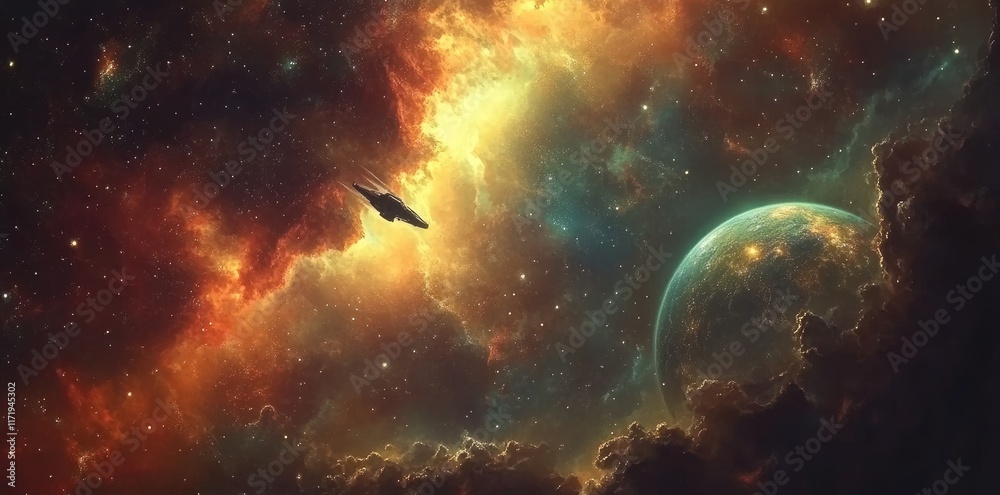 Fototapeta premium Spaceship Navigating a Cosmic Nebula Near a Planet
