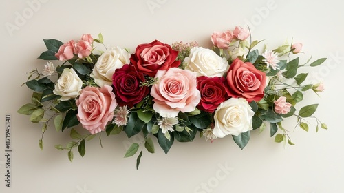 The vibrant hues of red, pink, and white roses intricately intertwined with lush green foliage create a captivating display that evokes feelings of love and affection