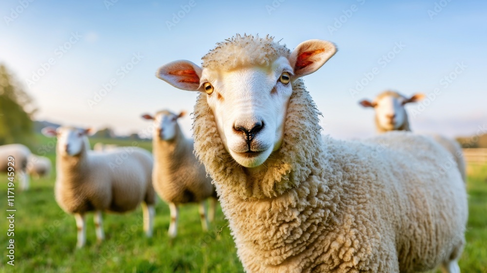 A serene image of a gentle farm moment captured in a photo, showing a flock of fluffy sheep peacefully grazing in a lush green pasture under a clear blue sky