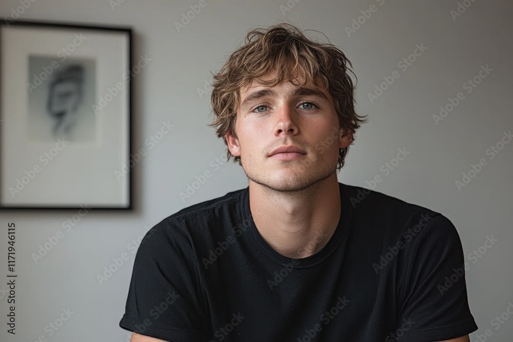 Fototapeta premium Young Man Portrait in Black T-shirt with Tranquil Expression