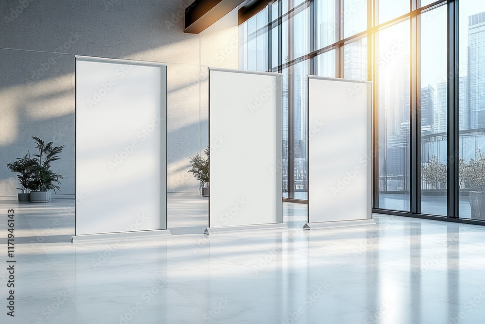 Modern Exhibition Space With Blank Roll-Up Banners and Large Windows Modern Exhibition Space With Blank Roll-Up Banners and Large Windows
