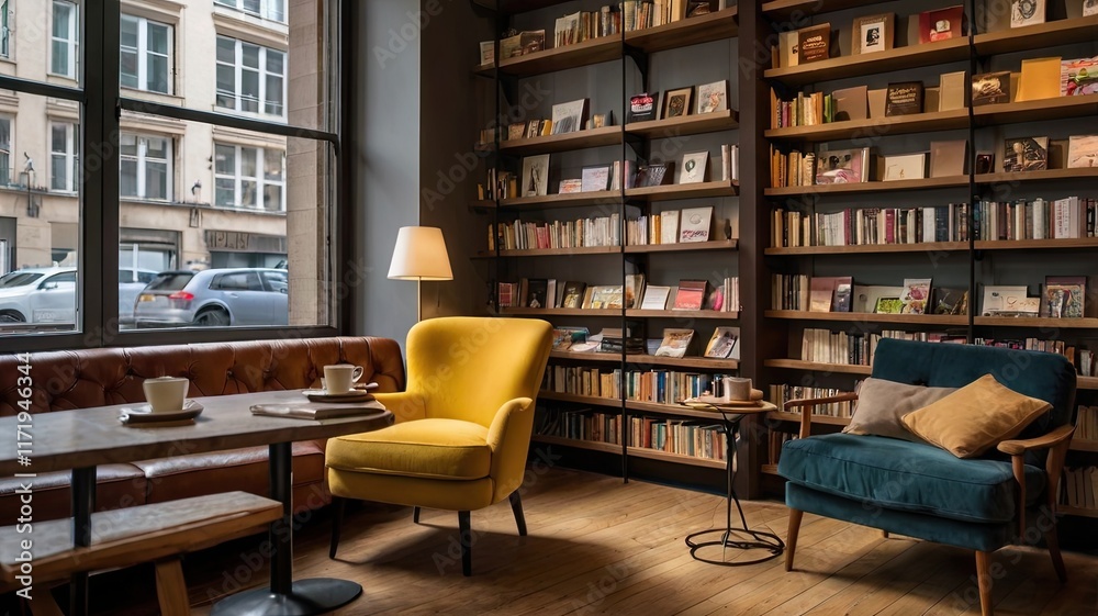 A cozy reading room with a yellow chair and a wooden table A cozy reading room with a yellow chair and a wooden table