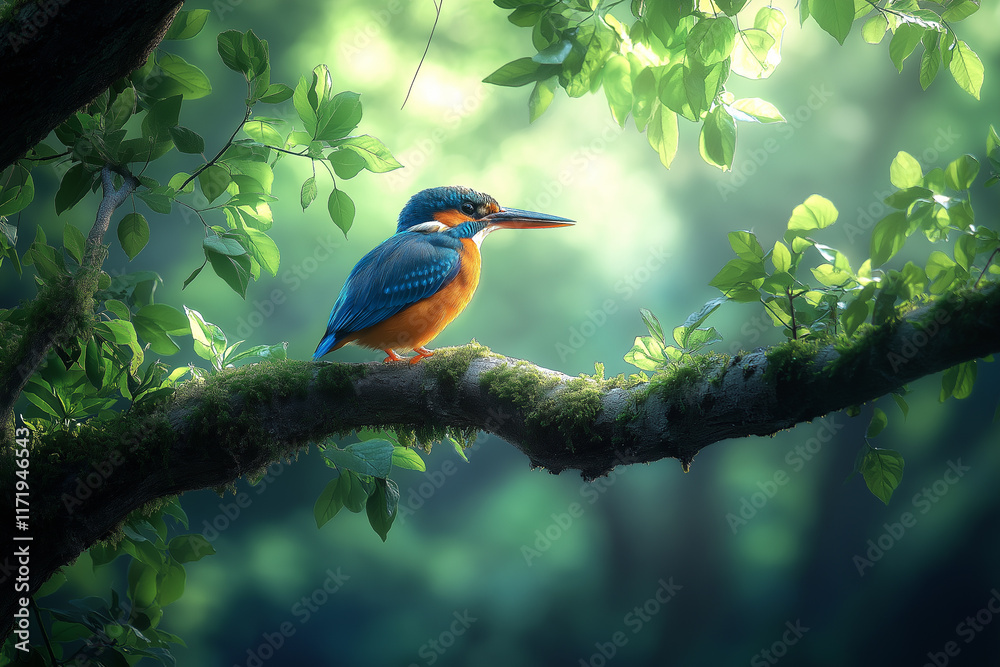 Obraz premium A beautiful kingfisher bird perched on the branch of an ancient tree, blurred background. Creating a nature scene, serene, and peaceful atmosphere. Nature illustration photography.