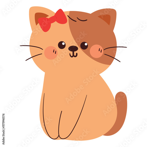 hand drawing cartoon cat with red ribbon. cute animal drawing, doodle for sticker and icon