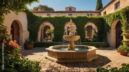 A courtyard with a fountain in the center surrounded by plants and flowers