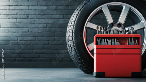 tire next to red mechanic toolbox filled with tools, set against textured brick wall. This conveys sense of readiness for vehicle maintenance and repair