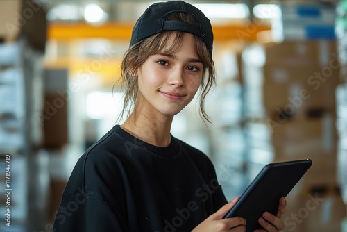 Young Man Managing Cargo in Warehouse with Tablet photo