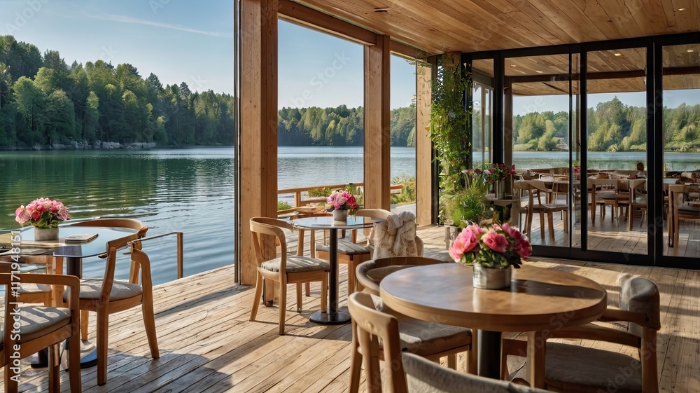Fototapeta premium A restaurant with a view of a lake