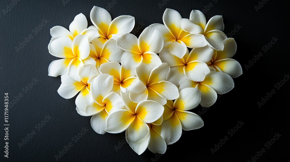 Fototapeta premium An artistic arrangement of white and yellow frangipani flowers forming a heart shape on a black background, perfect for romantic themes