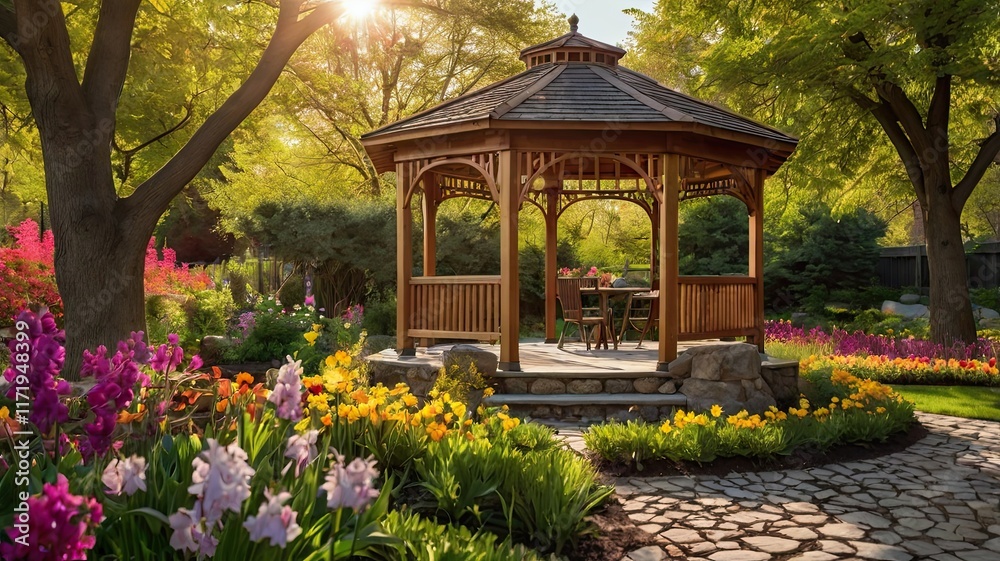 Fototapeta premium A beautiful garden with a gazebo and a path