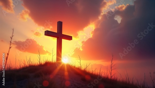 Religious image of wooden cross on hilltop at sunset. Dramatic sky with clouds and warm light. Suggests faith and spirituality. Image suitable for Christian themes like Easter or Good Friday. photo