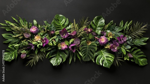 An artistic arrangement of ylang-ylang and purple flowers with lush green leaves, styled flat on a black background for a tropical spring theme