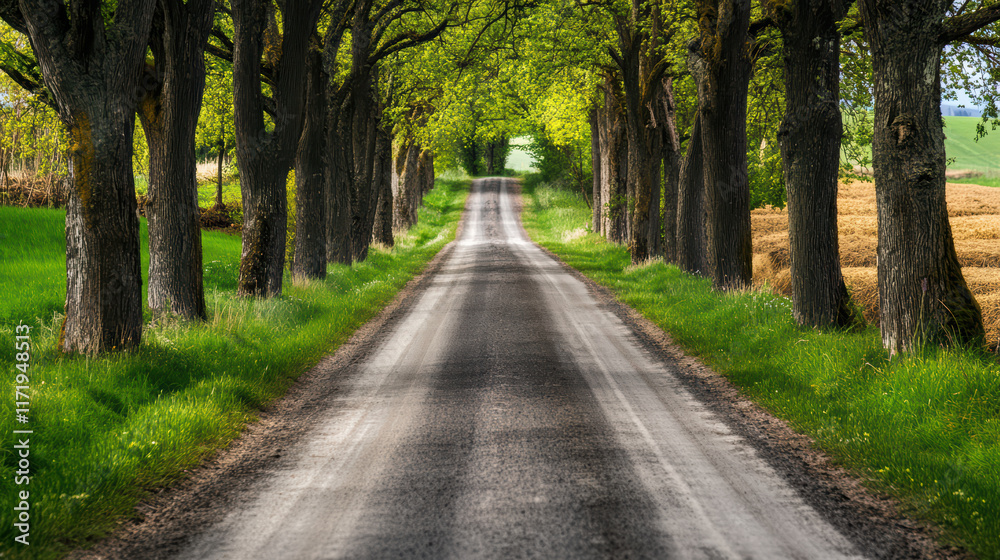 serene rural road lined with trees, leading through lush greenery and fields. peaceful atmosphere invites sense of calm and tranquility serene rural road lined with trees, leading through lush greenery and fields. peaceful atmosphere invites sense of calm and tranquility