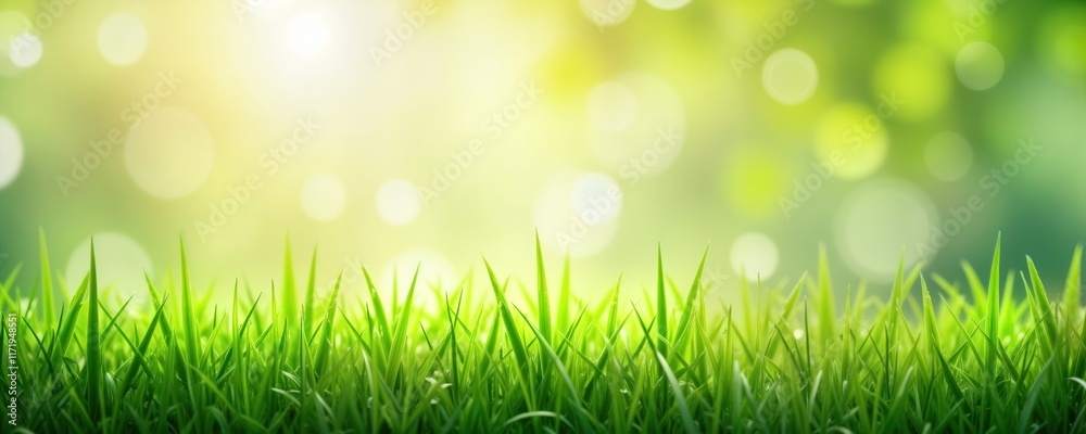 Obraz premium Fresh spring garden background shows vibrant green grass in focus with defocused green foliage, sunny soft light. Natural beauty of nature in springtime. Ideal as springtime background or wallpaper.
