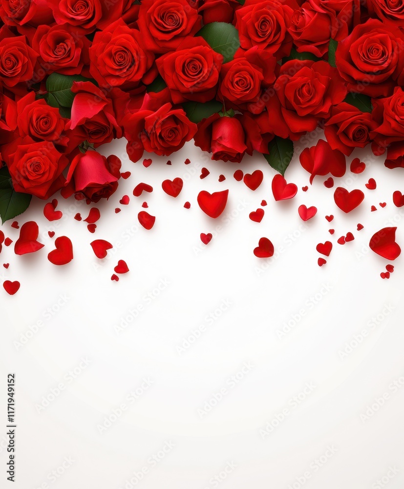 A romantic close-up of vibrant red roses adorned with tiny hearts, set against a pristine white background, embodying love and affection for Valentine's Day. A romantic close-up of vibrant red roses adorned with tiny hearts, set against a pristine white background, embodying love and affection for Valentine's Day.