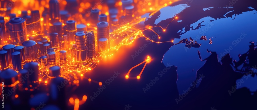 A vibrant digital representation of a city skyline intertwined with glowing network connections, showcasing a modern, interconnected world. A vibrant digital representation of a city skyline intertwined with glowing network connections, showcasing a modern, interconnected world.